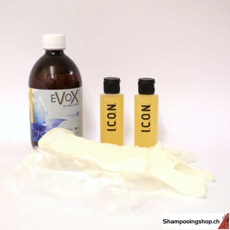 EVOX  Glattung mit Tannin, Minderer Volumen ohne Formol 500ml + anti-Reste Shampoo 70ml x2