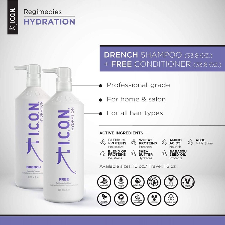 ICON  Moisturizing  Shampoo Drench 1000ml, Conditioner Free 1000ml